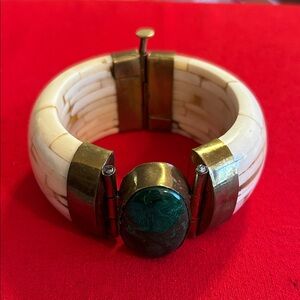 Natural Bone & Brass Bracelet with Malachite Accent